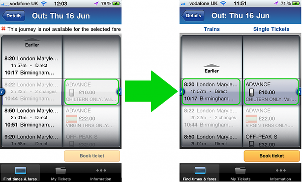 Select the ticket - or train - you want and the app will do the rest