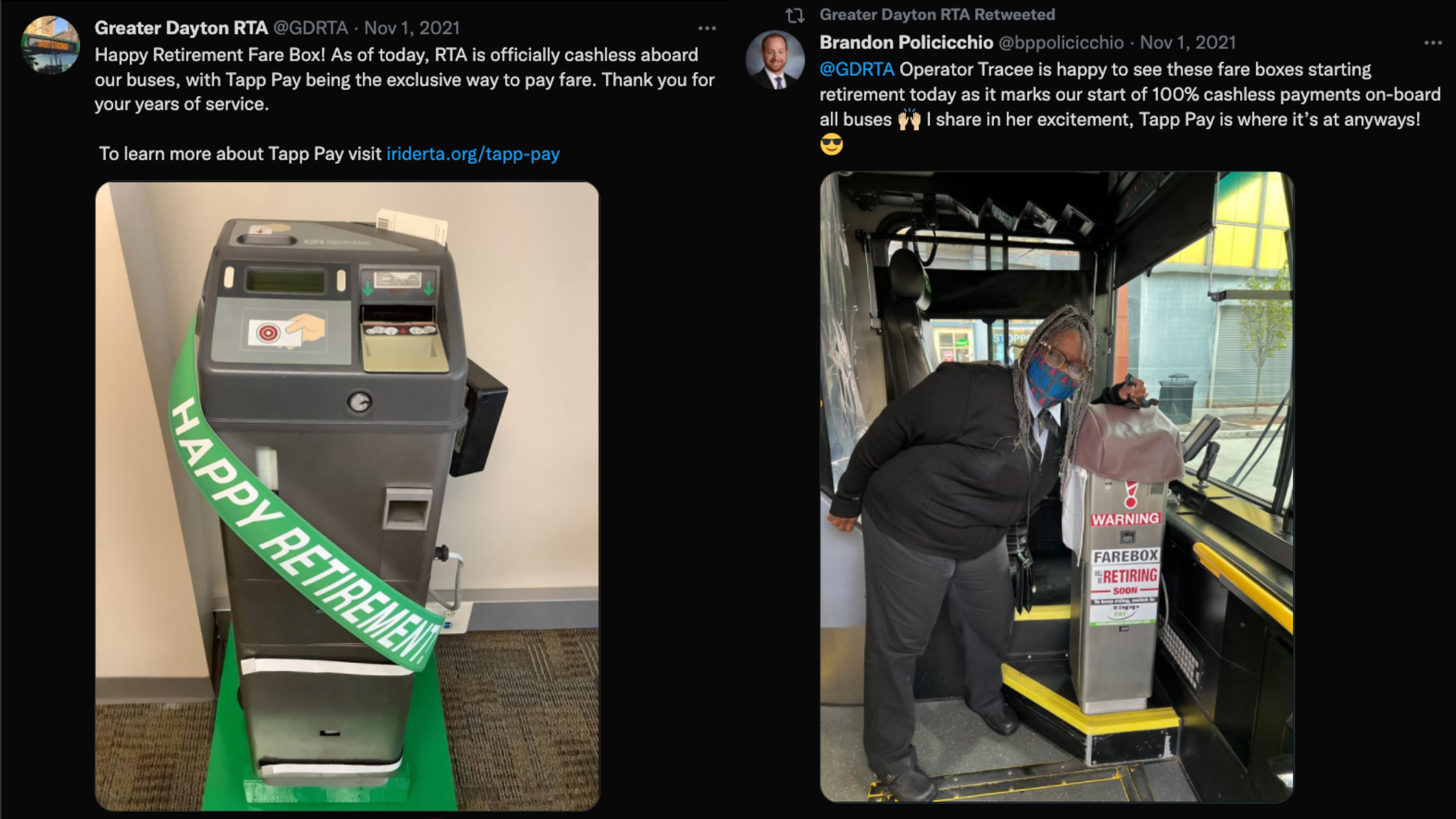 dayton tweets about the removal of fareboxes